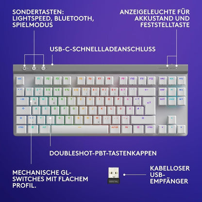 Logitech G G515 LIGHTSPEED TKL, Kabellos, RF Wireless+ Bluetooth, Mechanischer Switch, QWERTZ, RGB-LED, Weiß -• Mechanische Gaming-Tastatur