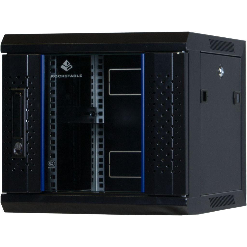 Rockstable 10 Zoll Serverschrank, Netzwerkschrank 6HE - Wandmontage - (BxTxH) 370x450x370mm mit Glastür - Schwarz - Abschließbar - Vormontiert - Traglast 60kg