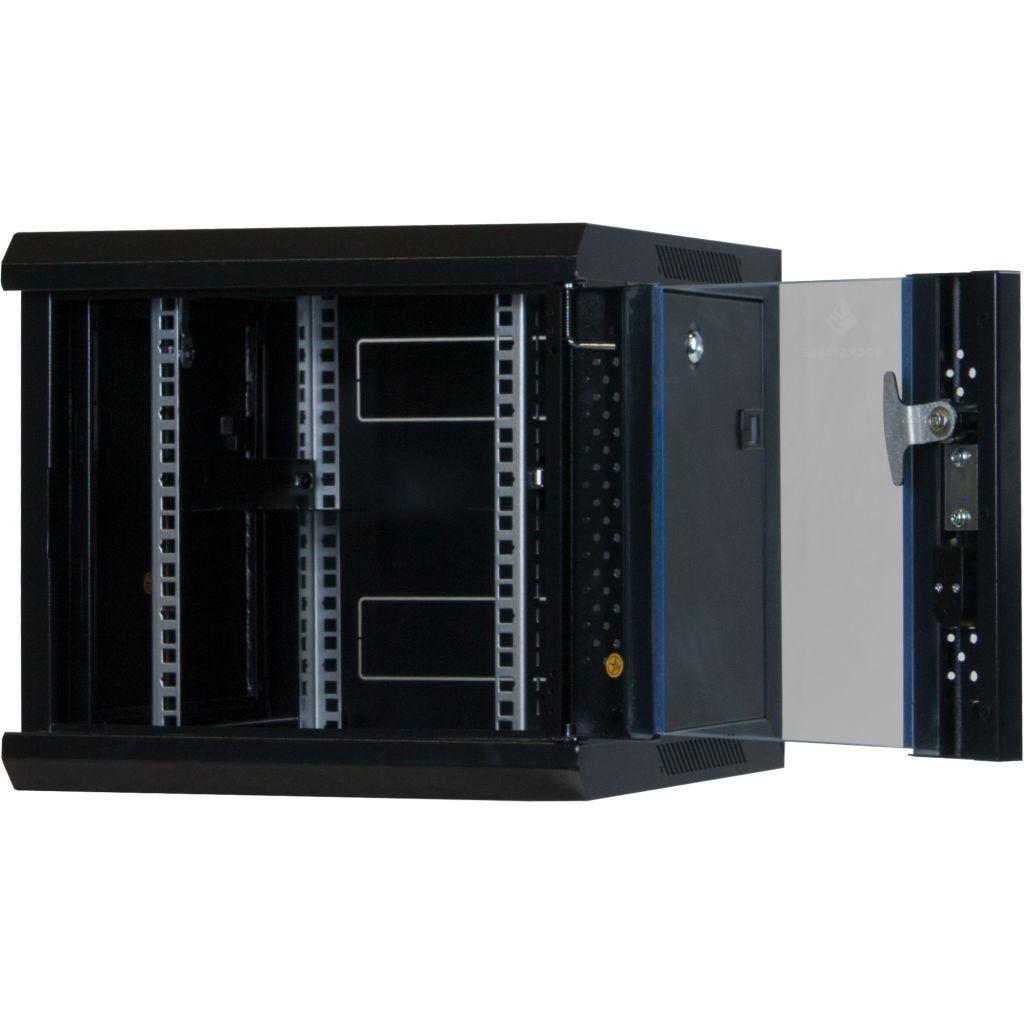 Rockstable 10 Zoll Serverschrank, Netzwerkschrank 6HE - Wandmontage - (BxTxH) 370x450x370mm mit Glastür - Schwarz - Abschließbar - Vormontiert - Traglast 60kg