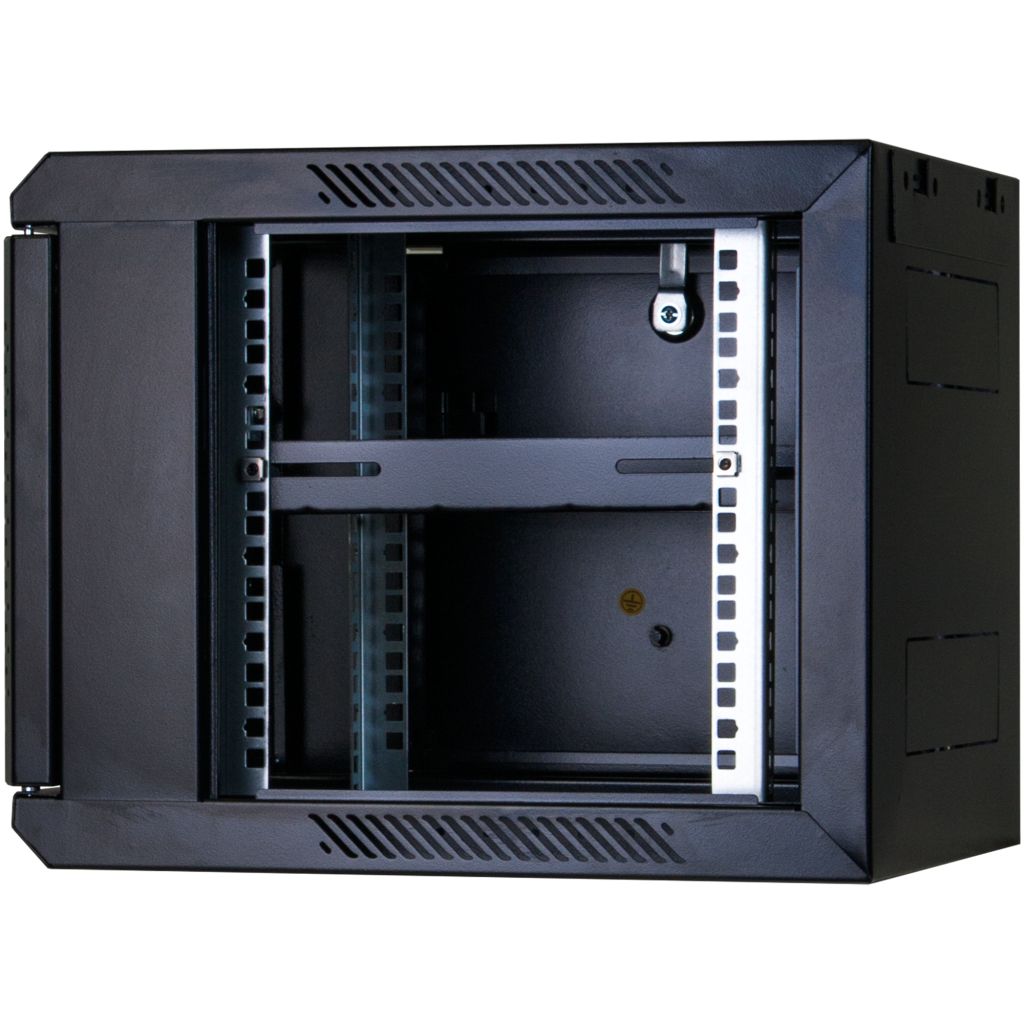 Rockstable 10 Zoll Serverschrank, Netzwerkschrank 6HE - Wandmontage - (BxTxH) 370x450x370mm mit Glastür - Schwarz - Abschließbar - Vormontiert - Traglast 60kg