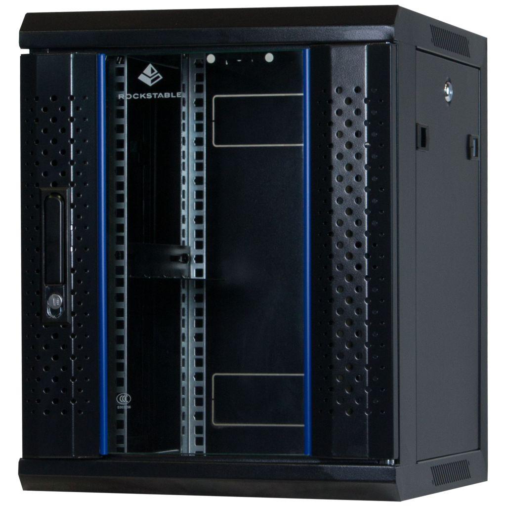 Rockstable 10 Zoll Serverschrank, Netzwerkschrank 9HE -l Wandmontage - (BxTxH) 370x450x503mm mit Glastür - Schwarz - Abschließbar - Vormontiert - Traglast 60kg
