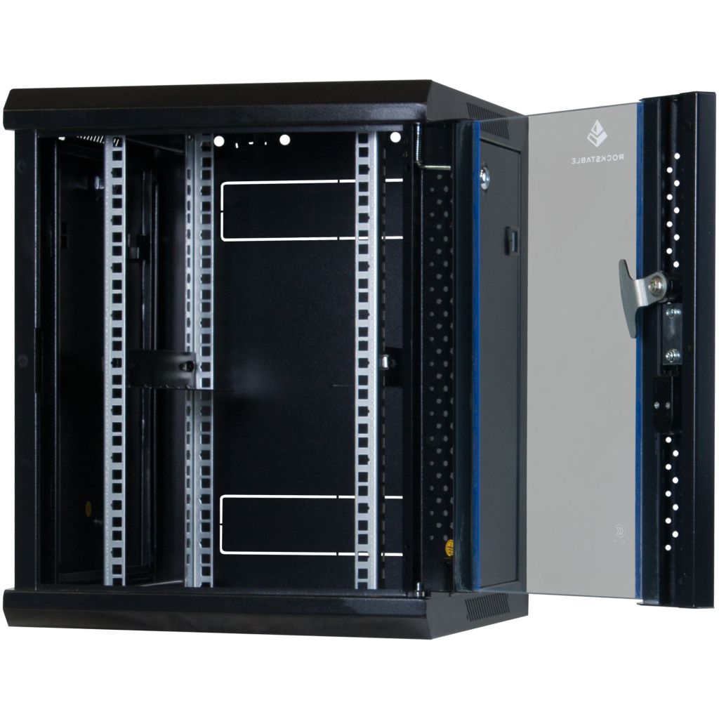 Rockstable 10 Zoll Serverschrank, Netzwerkschrank 9HE -l Wandmontage - (BxTxH) 370x450x503mm mit Glastür - Schwarz - Abschließbar - Vormontiert - Traglast 60kg