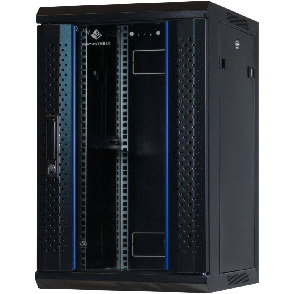 Rockstable 10 Zoll Serverschrank, Netzwerkschrank 12HE - Wandmontage - (BxTxH) 370x450x637mm mit Glastür - Schwarz - Abschließbar - Vormontiert - Traglast 60kg - RS10-3412 - 4260714311779