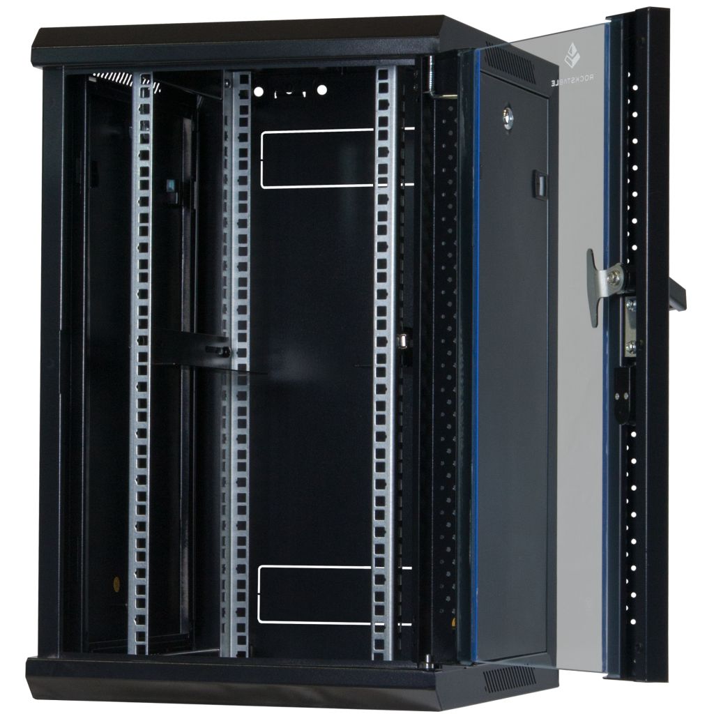 Rockstable 10 Zoll Serverschrank, Netzwerkschrank 12HE  - Wandmontage - (BxTxH) 370x450x637mm mit Glastür - Schwarz - Abschließbar - Vormontiert - Traglast 60kg