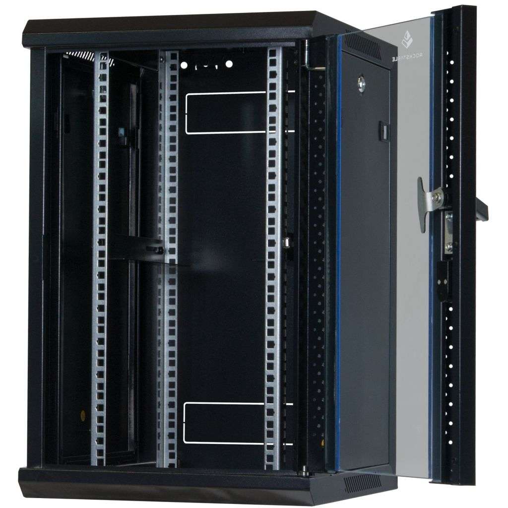 Rockstable 10 Zoll Serverschrank, Netzwerkschrank 12HE - Wandmontage - (BxTxH) 370x450x637mm mit Glastür - Schwarz - Abschließbar - Vormontiert - Traglast 60kg - RS10-3412 - 4260714311779