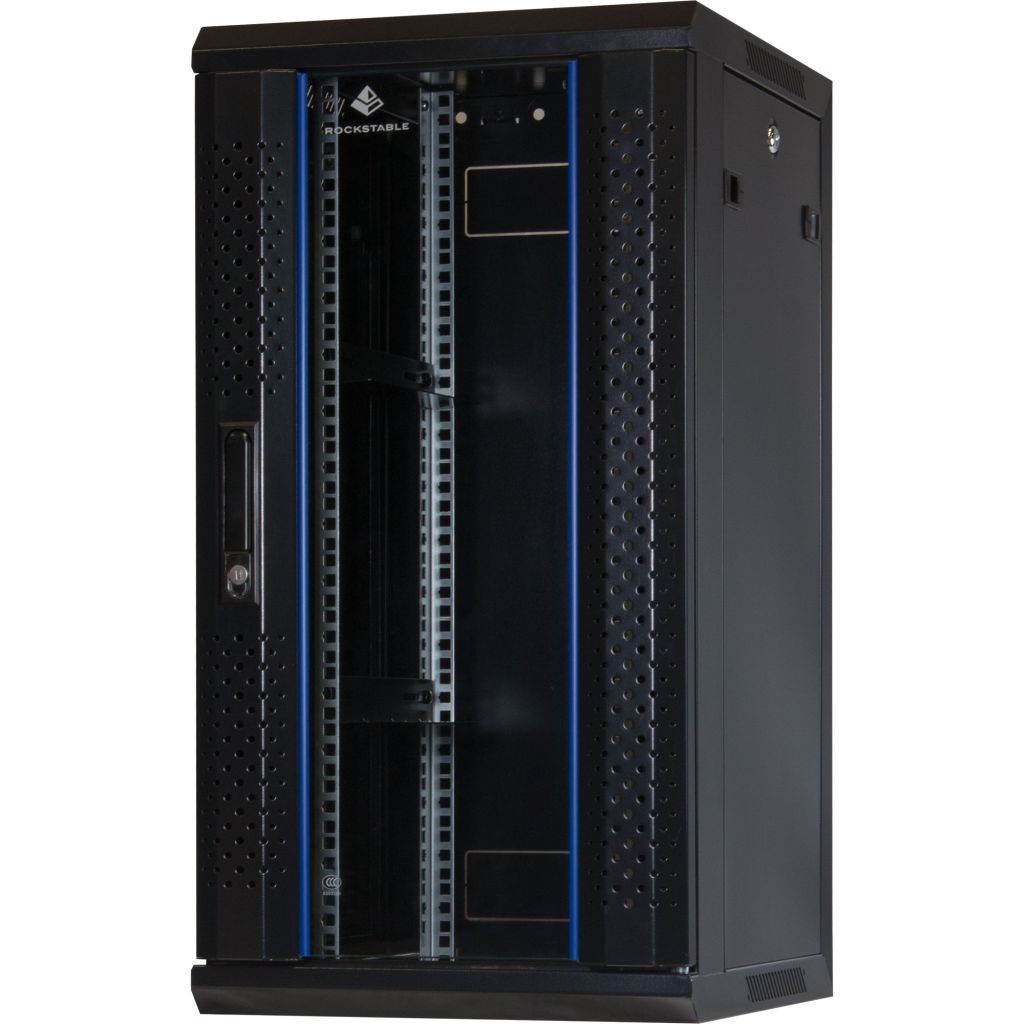 Rockstable 15HE Netzwerkschrank, Serverschrank - 10 Zoll Wandmontage - (BxTxH) 370x450x770mm mit Glastür - Schwarz - Abschließbar - Vormontiert - Traglast 60kg - RS10-3415 - 4260714311786