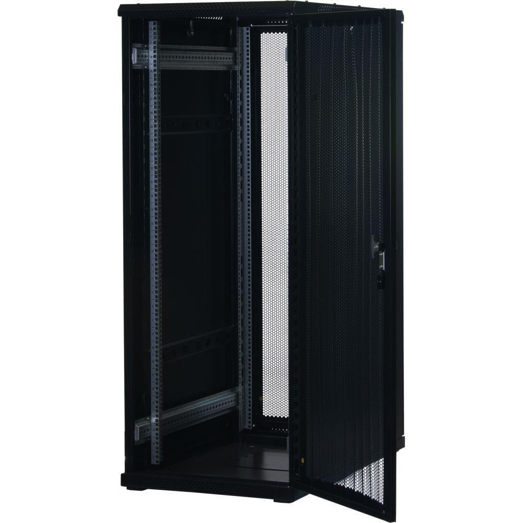Rockstable 32HE 19 Zoll Serverschrank Netzwerkschrank (BxTxH) 600x1000x1600mm mit Gitternetztüren - Türanschlag wechselbar - Türen und Seitenwände abnehmbar und verschließbar - Schwarz (RAL 9005)