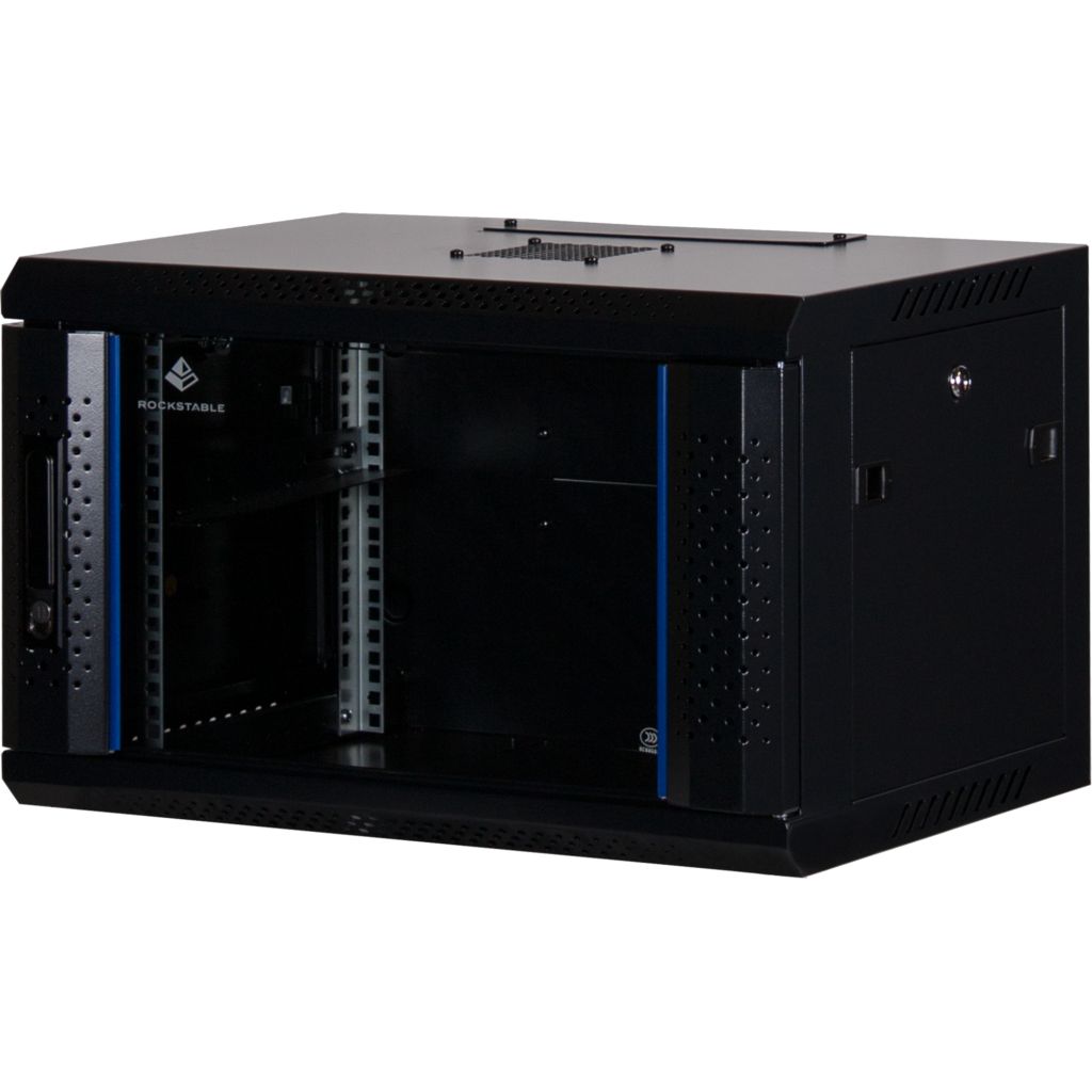 Rockstable 6HE Netzwerkschrank, Serverschrank - 19 Zoll Wandmontage - (BxTxH) 600x440x370mm mit Glastür - Schwarz - Abschließbar - Vormontiert - Traglast 60kg