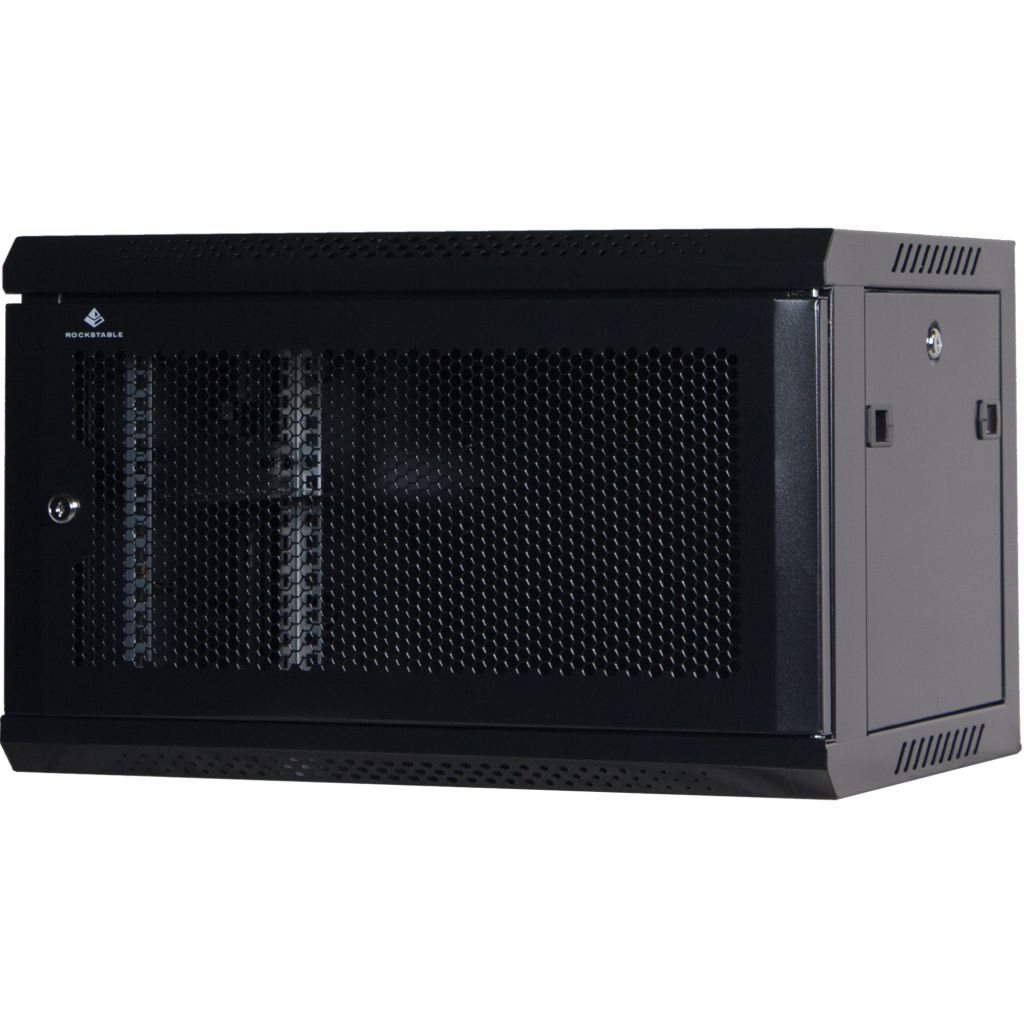 Rockstable 6HE Netzwerkschrank, Serverschrank - 19 Zoll Wandmontage - (BxTxH) 600x440x370mm mit perforierter Tür - Schwarz - Abschließbar - Vormontiert - Traglast 60kg