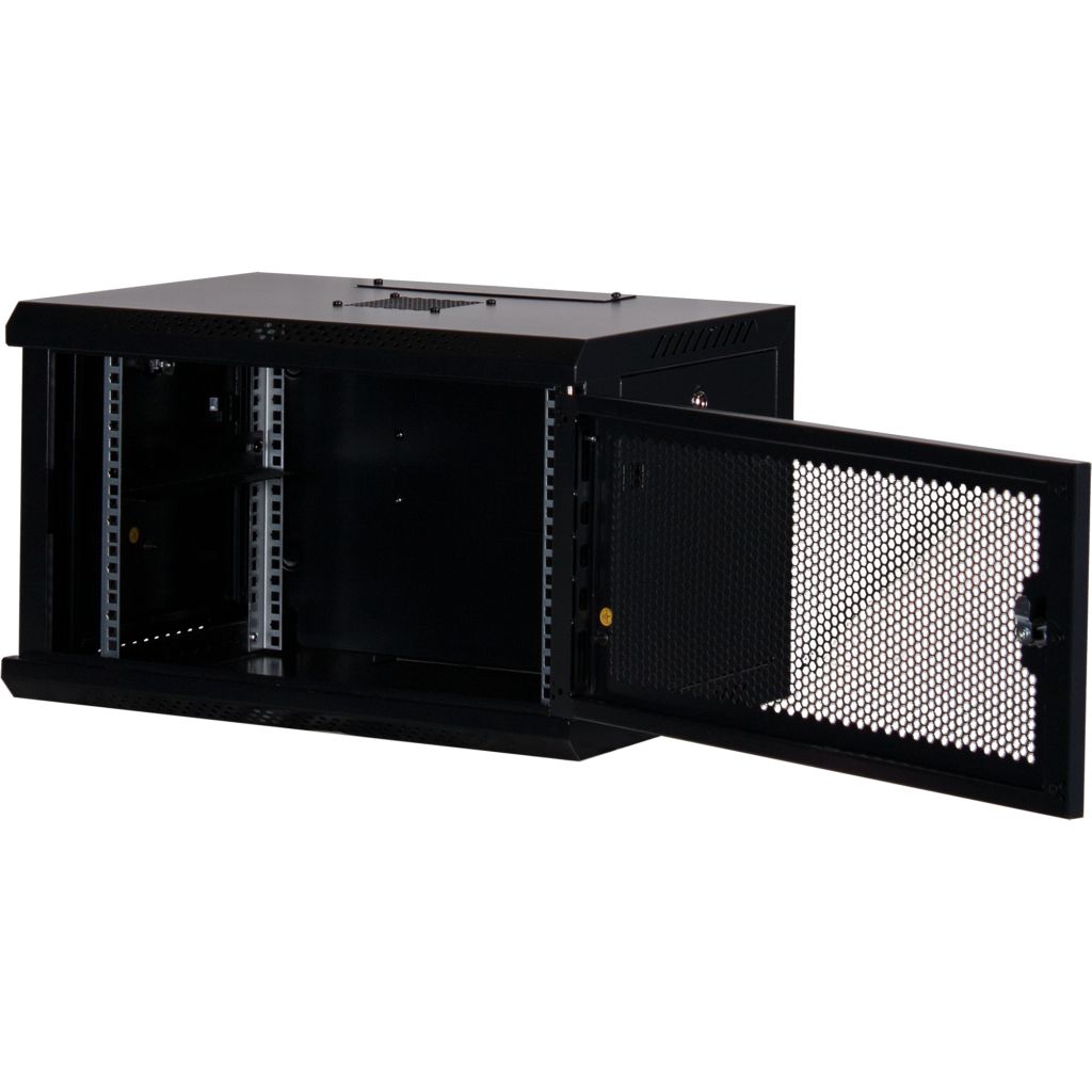 Rockstable 6HE Netzwerkschrank, Serverschrank - 19 Zoll Wandmontage - (BxTxH) 600x440x370mm mit perforierter Tür - Schwarz - Abschließbar - Vormontiert - Traglast 60kg