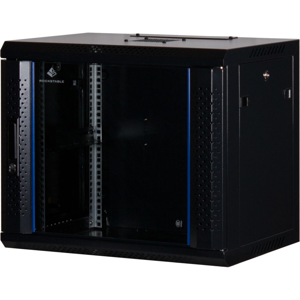 Rockstable 9HE Netzwerkschrank, Serverschrank - 19 Zoll Wandmontage - (BxTxH) 600x440x503mm mit Glastür - Schwarz - Abschließbar - Vormontiert - Traglast 60kg