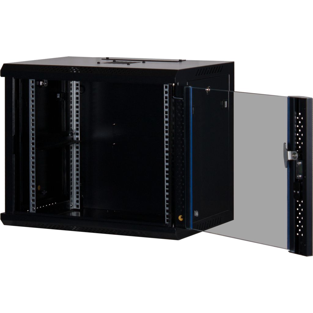 Rockstable 9HE Netzwerkschrank, Serverschrank - 19 Zoll Wandmontage - (BxTxH) 600x440x503mm mit Glastür - Schwarz - Abschließbar - Vormontiert - Traglast 60kg