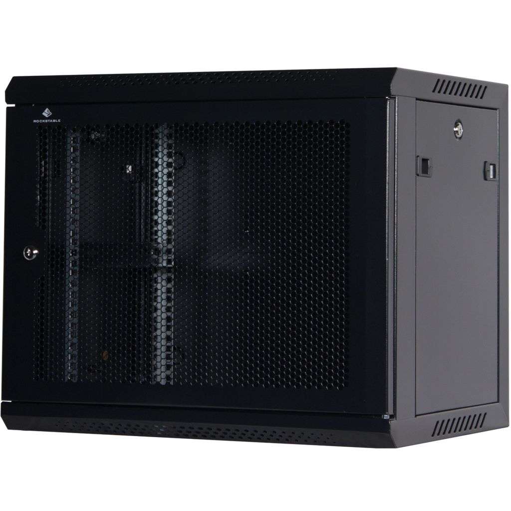Rockstable 9HE Netzwerkschrank, Serverschrank - 19 Zoll Wandmontage - (BxTxH) 600x440x503mm mit perforierter Tür - Schwarz - Abschließbar - Vormontiert - Traglast 60kg - RS19-6409PP - 4260714310215