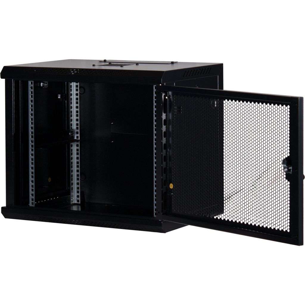 Rockstable 9HE Netzwerkschrank, Serverschrank - 19 Zoll Wandmontage - (BxTxH) 600x440x503mm mit perforierter Tür - Schwarz - Abschließbar - Vormontiert - Traglast 60kg - RS19-6409PP - 4260714310215