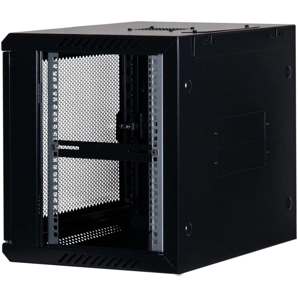 Rockstable 9HE Netzwerkschrank, Serverschrank - 19 Zoll Wandmontage - (BxTxH) 600x440x503mm mit perforierter Tür - Schwarz - Abschließbar - Vormontiert - Traglast 60kg - RS19-6409PP - 4260714310215