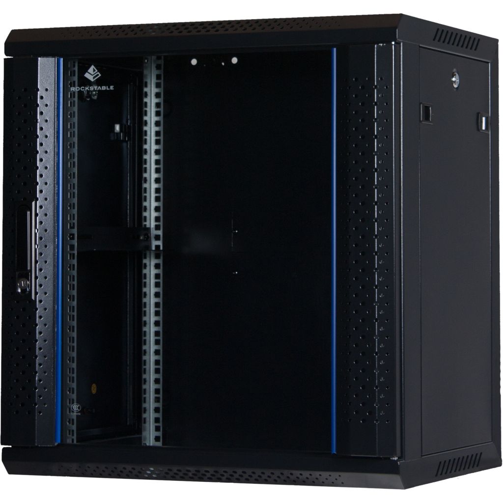 Rockstable 12HE Netzwerkschrank, Serverschrank - 19 Zoll Wandmontage - (BxTxH) 600x440x637mm mit Glastür - Schwarz - Abschließbar - Vormontiert - Traglast 60kg