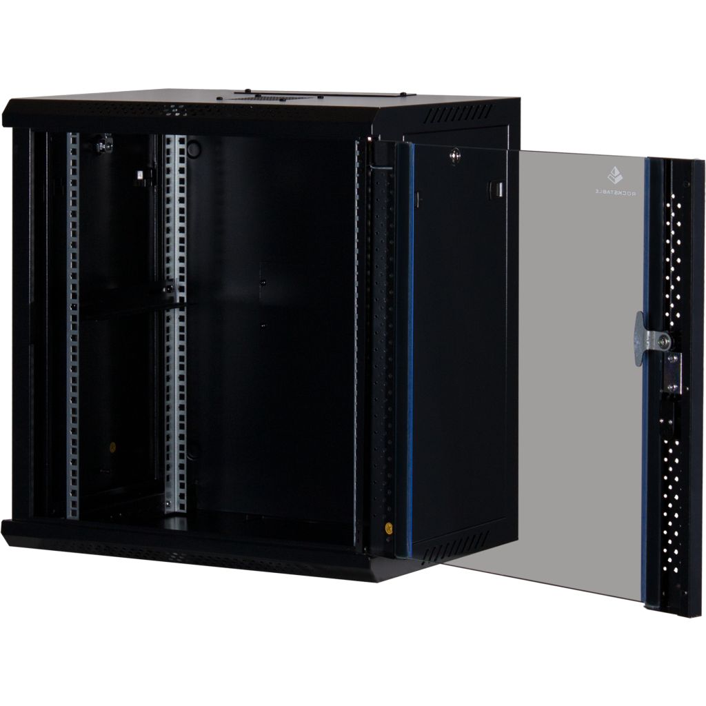 Rockstable 12HE Netzwerkschrank, Serverschrank - 19 Zoll Wandmontage - (BxTxH) 600x440x637mm mit Glastür - Schwarz - Abschließbar - Vormontiert - Traglast 60kg