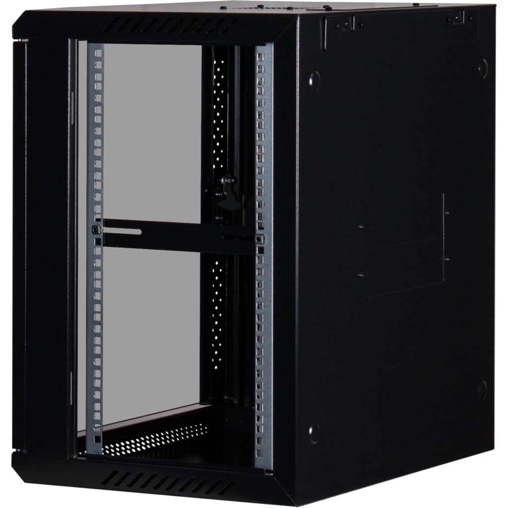 Rockstable 12HE Netzwerkschrank, Serverschrank - 19 Zoll Wandmontage - (BxTxH) 600x440x637mm mit Glastür - Schwarz - Abschließbar - Vormontiert - Traglast 60kg