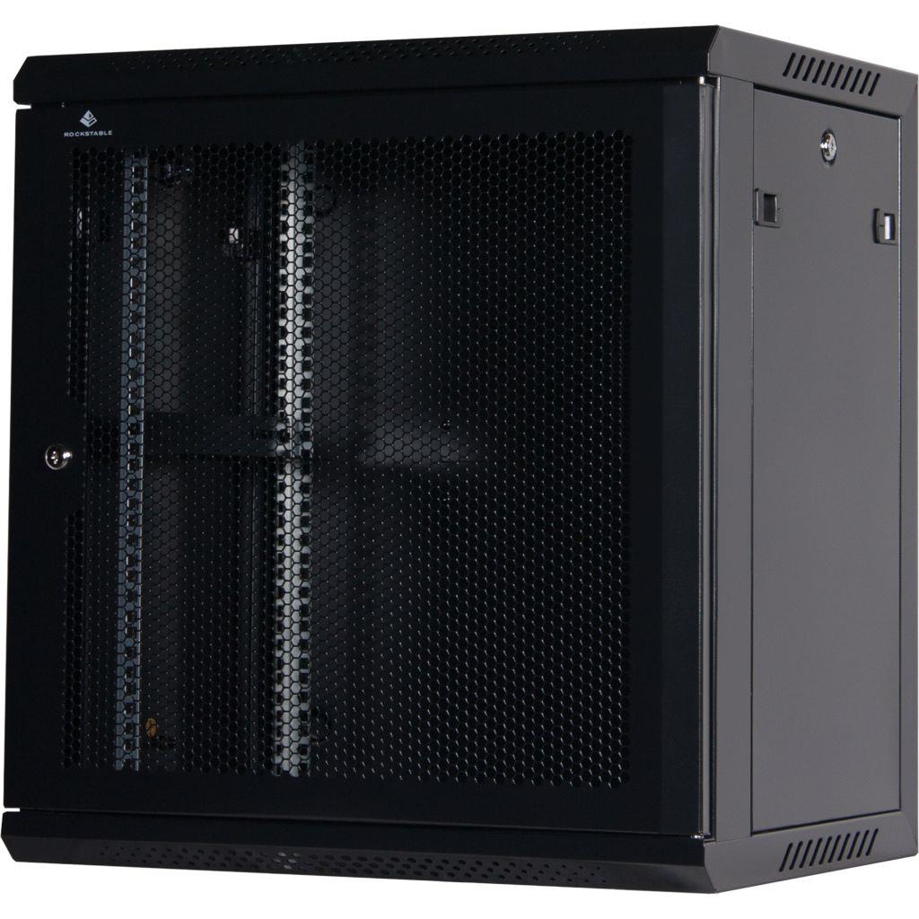Rockstable 12HE Netzwerkschrank, Serverschrank - 19 Zoll Wandmontage - (BxTxH) 600x440x637mm mit perforierter Tür  - Schwarz - Abschließbar - Vormontiert - Traglast 60kg