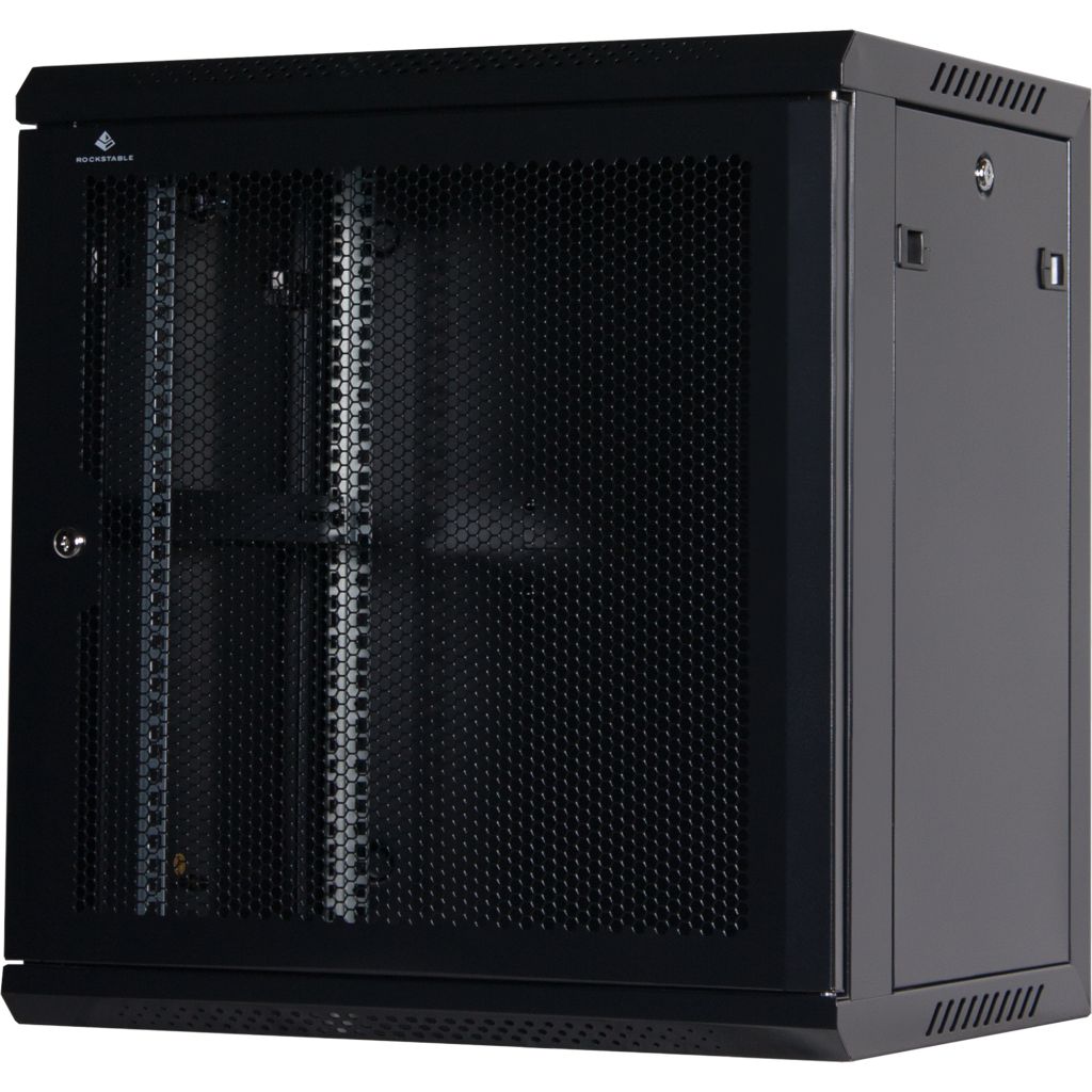 Rockstable 12HE Netzwerkschrank, Serverschrank - 19 Zoll Wandmontage - (BxTxH) 600x440x637mm mit perforierter Tür  - Schwarz - Abschließbar - Vormontiert - Traglast 60kg