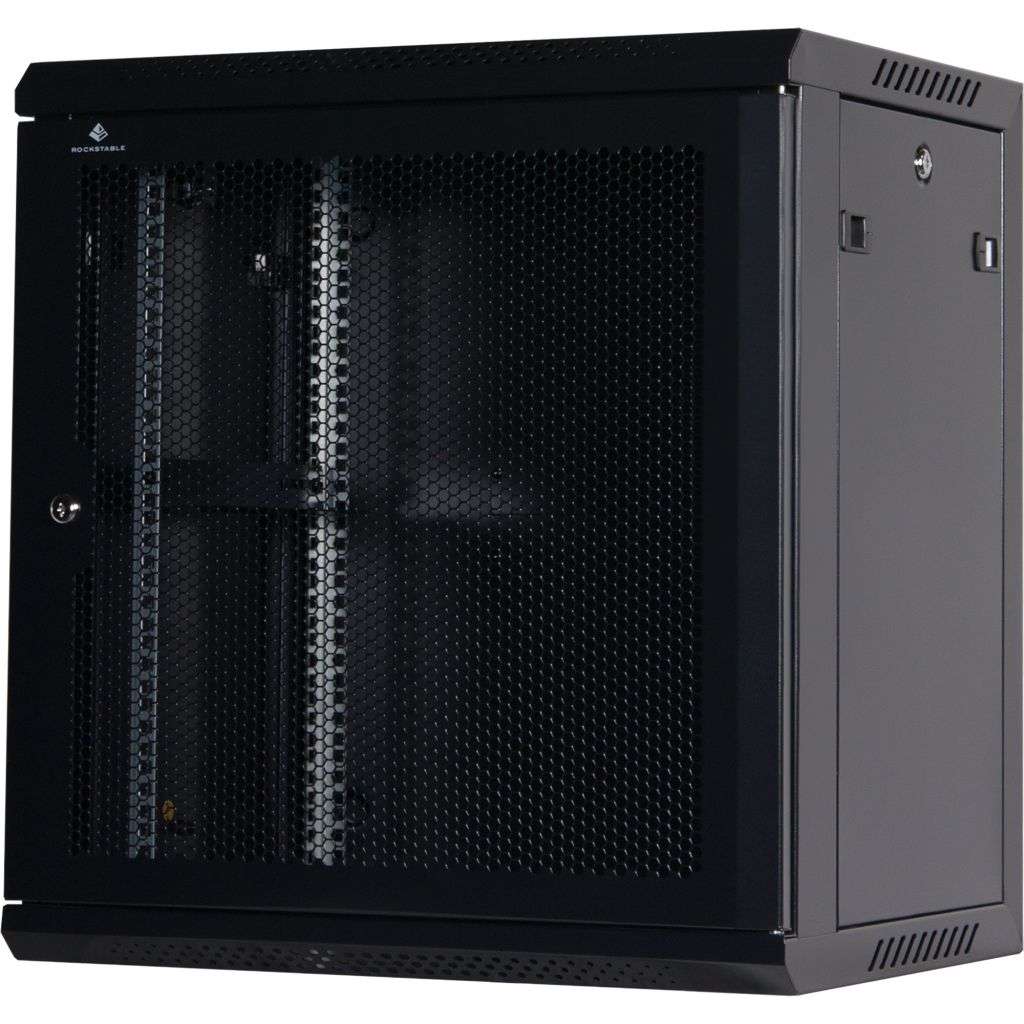 Rockstable 12HE Netzwerkschrank, Serverschrank - 19 Zoll Wandmontage - (BxTxH) 600x440x637mm mit perforierter Tür - Schwarz - Abschließbar - Vormontiert - Traglast 60kg - RS19-6412PP - 4260714310222