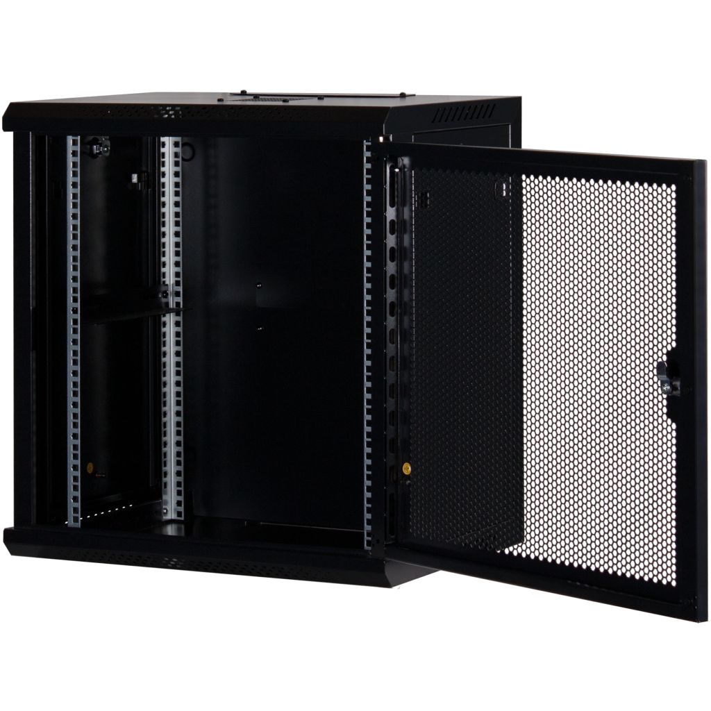 Rockstable 12HE Netzwerkschrank, Serverschrank - 19 Zoll Wandmontage - (BxTxH) 600x440x637mm mit perforierter Tür  - Schwarz - Abschließbar - Vormontiert - Traglast 60kg