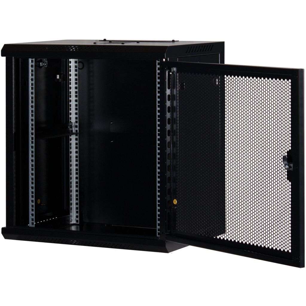 Rockstable 12HE Netzwerkschrank, Serverschrank - 19 Zoll Wandmontage - (BxTxH) 600x440x637mm mit perforierter Tür - Schwarz - Abschließbar - Vormontiert - Traglast 60kg - RS19-6412PP - 4260714310222