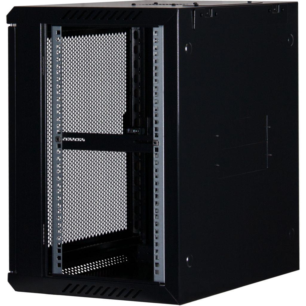 Rockstable 12HE Netzwerkschrank, Serverschrank - 19 Zoll Wandmontage - (BxTxH) 600x440x637mm mit perforierter Tür  - Schwarz - Abschließbar - Vormontiert - Traglast 60kg