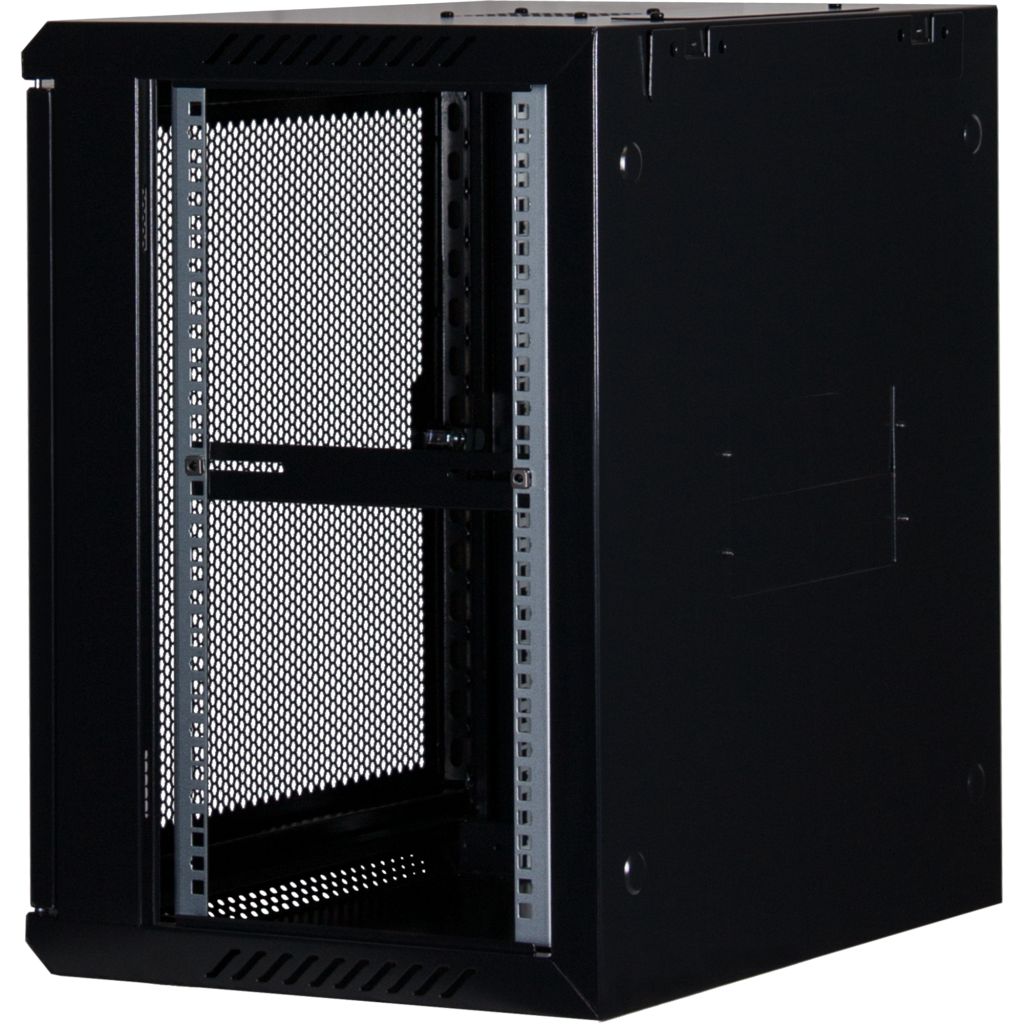 Rockstable 12HE Netzwerkschrank, Serverschrank - 19 Zoll Wandmontage - (BxTxH) 600x440x637mm mit perforierter Tür  - Schwarz - Abschließbar - Vormontiert - Traglast 60kg