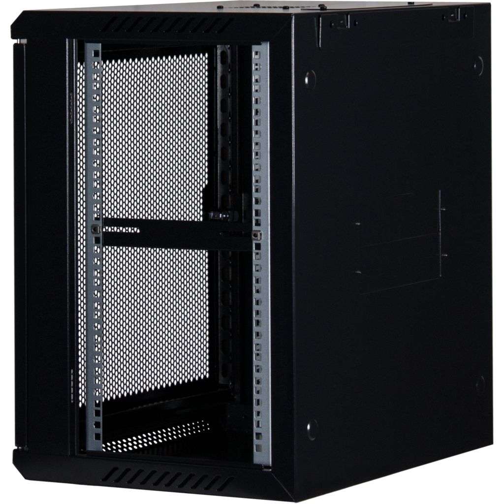 Rockstable 12HE Netzwerkschrank, Serverschrank - 19 Zoll Wandmontage - (BxTxH) 600x440x637mm mit perforierter Tür - Schwarz - Abschließbar - Vormontiert - Traglast 60kg - RS19-6412PP - 4260714310222