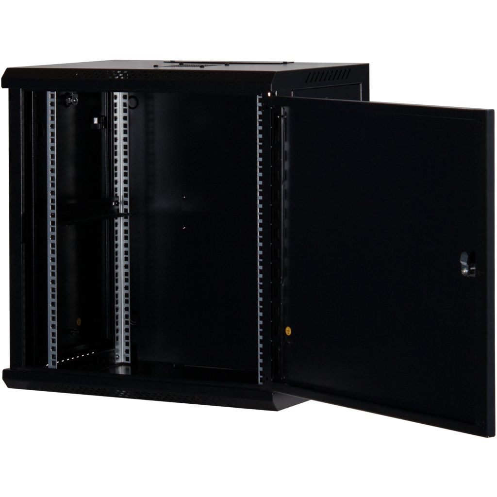 Rockstable 12HE Netzwerkschrank, Serverschrank - 19 Zoll Wandmontage - (BxTxH) 600x440x637mm mit Stahltür - Schwarz - Abschließbar - Vormontiert - Traglast 60kg