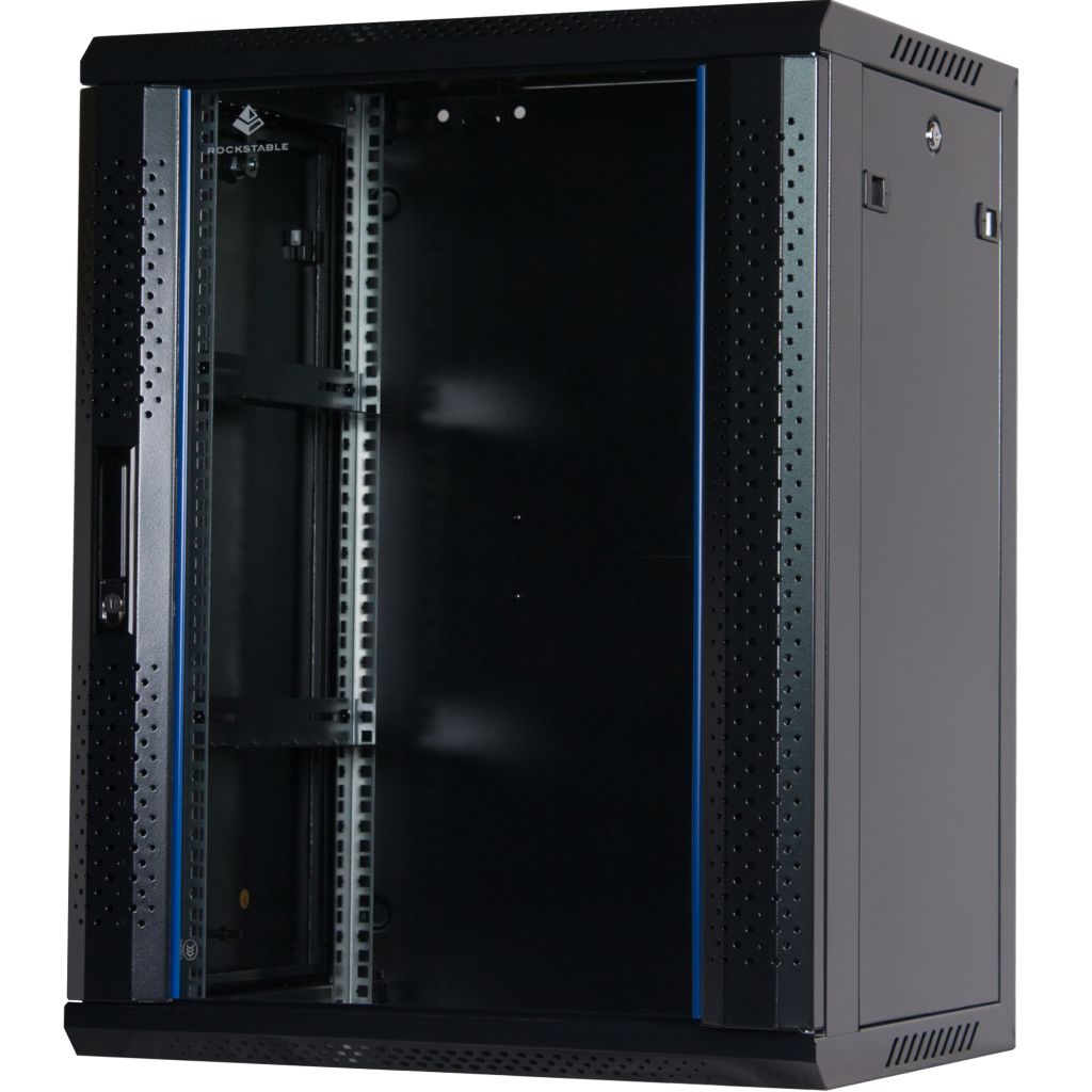 Rockstable 15HE Netzwerkschrank, Serverschrank - 19 Zoll Wandmontage - (BxTxH) 600x440x770mm mit Glastür - Schwarz - Abschließbar - Vormontiert - Traglast 60kg