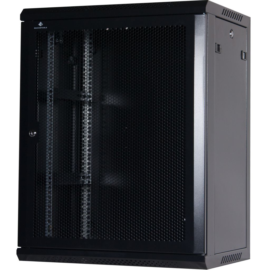 Rockstable 15HE Netzwerkschrank, Serverschrank - 19 Zoll Wandmontage - (BxTxH) 600x440x770mm mit perforierter Tür  - Schwarz - Abschließbar - Vormontiert - Traglast 60kg