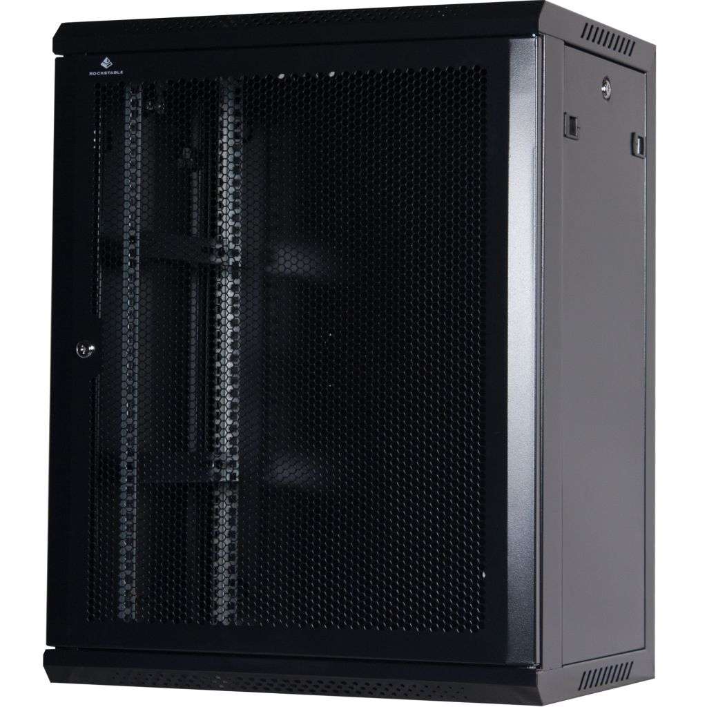 Rockstable 15HE Netzwerkschrank, Serverschrank - 19 Zoll Wandmontage - (BxTxH) 600x440x770mm mit perforierter Tür - Schwarz - Abschließbar - Vormontiert - Traglast 60kg - RS19-6415PP - 4260714310239