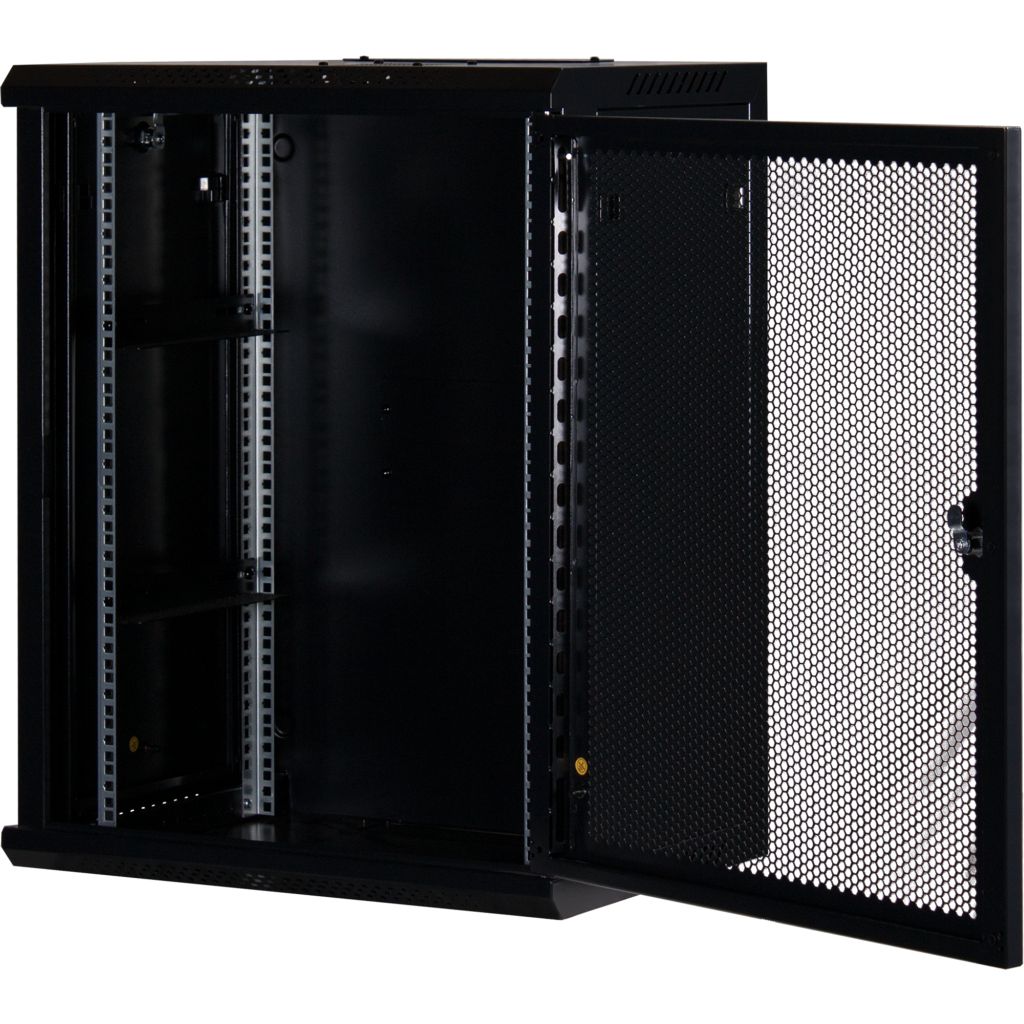 Rockstable 15HE Netzwerkschrank, Serverschrank - 19 Zoll Wandmontage - (BxTxH) 600x440x770mm mit perforierter Tür  - Schwarz - Abschließbar - Vormontiert - Traglast 60kg