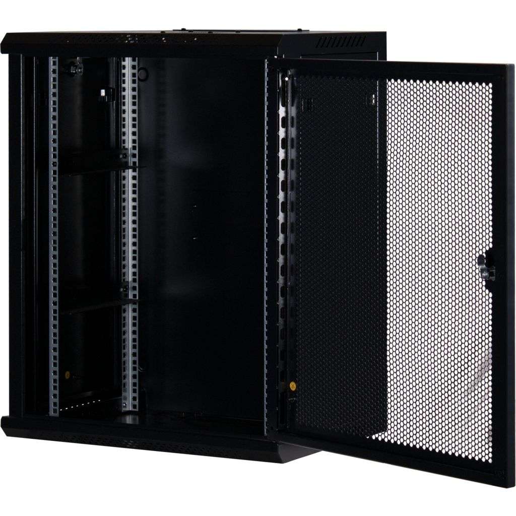 Rockstable 15HE Netzwerkschrank, Serverschrank - 19 Zoll Wandmontage - (BxTxH) 600x440x770mm mit perforierter Tür - Schwarz - Abschließbar - Vormontiert - Traglast 60kg - RS19-6415PP - 4260714310239