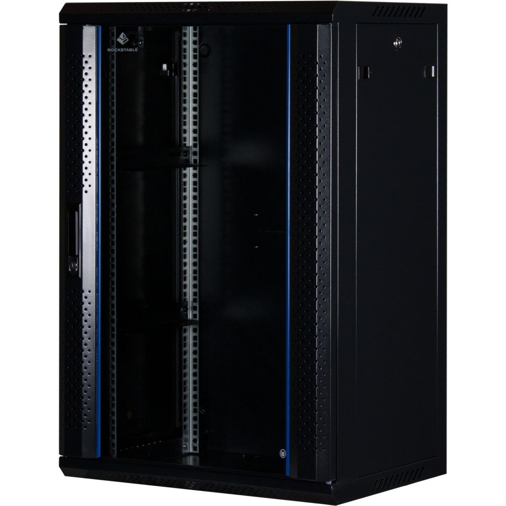 Rockstable 18HE Netzwerkschrank, Serverschrank - 19 Zoll Wandmontage - (BxTxH) 600x440x900mm mit Glastür - Schwarz - Abschließbar - Vormontiert - Traglast 60kg