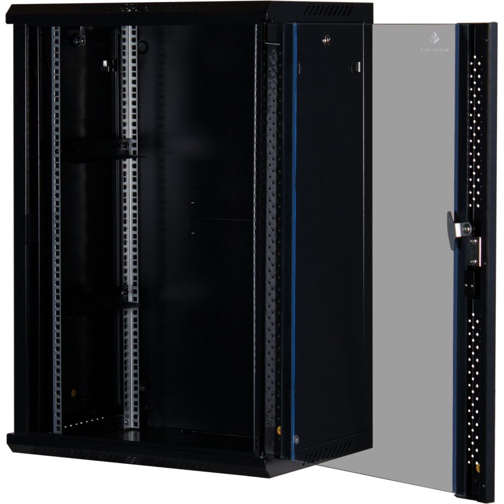 Rockstable 18HE Netzwerkschrank, Serverschrank - 19 Zoll Wandmontage - (BxTxH) 600x440x900mm mit Glastür - Schwarz - Abschließbar - Vormontiert - Traglast 60kg