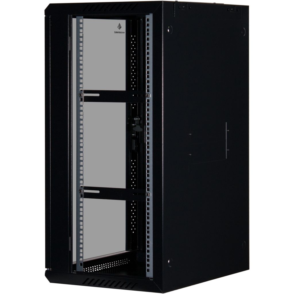 Rockstable 18HE Netzwerkschrank, Serverschrank - 19 Zoll Wandmontage - (BxTxH) 600x440x900mm mit Glastür - Schwarz - Abschließbar - Vormontiert - Traglast 60kg