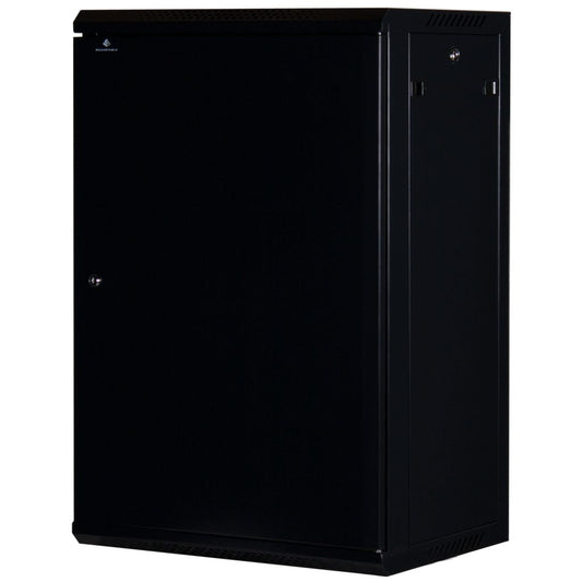 Rockstable 18HE Netzwerkschrank, Serverschrank - 19 Zoll Wandmontage - (BxTxH) 600x440x900mm mit Stahltür - Schwarz - Abschließbar - Vormontiert - Traglast 60kg