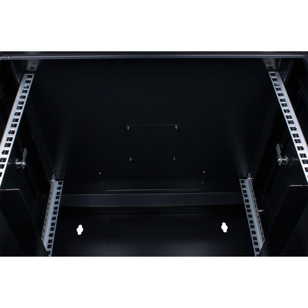 Rockstable 6HE Netzwerkschrank, Serverschrank - 19 Zoll Wandmontage - (BxTxH) 600x600x370mm mit Glastür - Schwarz - Abschließbar - Vormontiert - Traglast 60kg