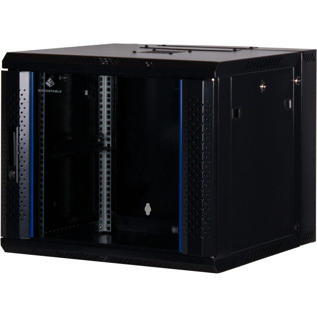 Rockstable 9HE Netzwerkschrank, Serverschrank - 19 Zoll Wandmontage - (BxTxH) 600x600x503mm mit Glastür - Schwarz - Abschließbar - Vormontiert - Traglast 60kg