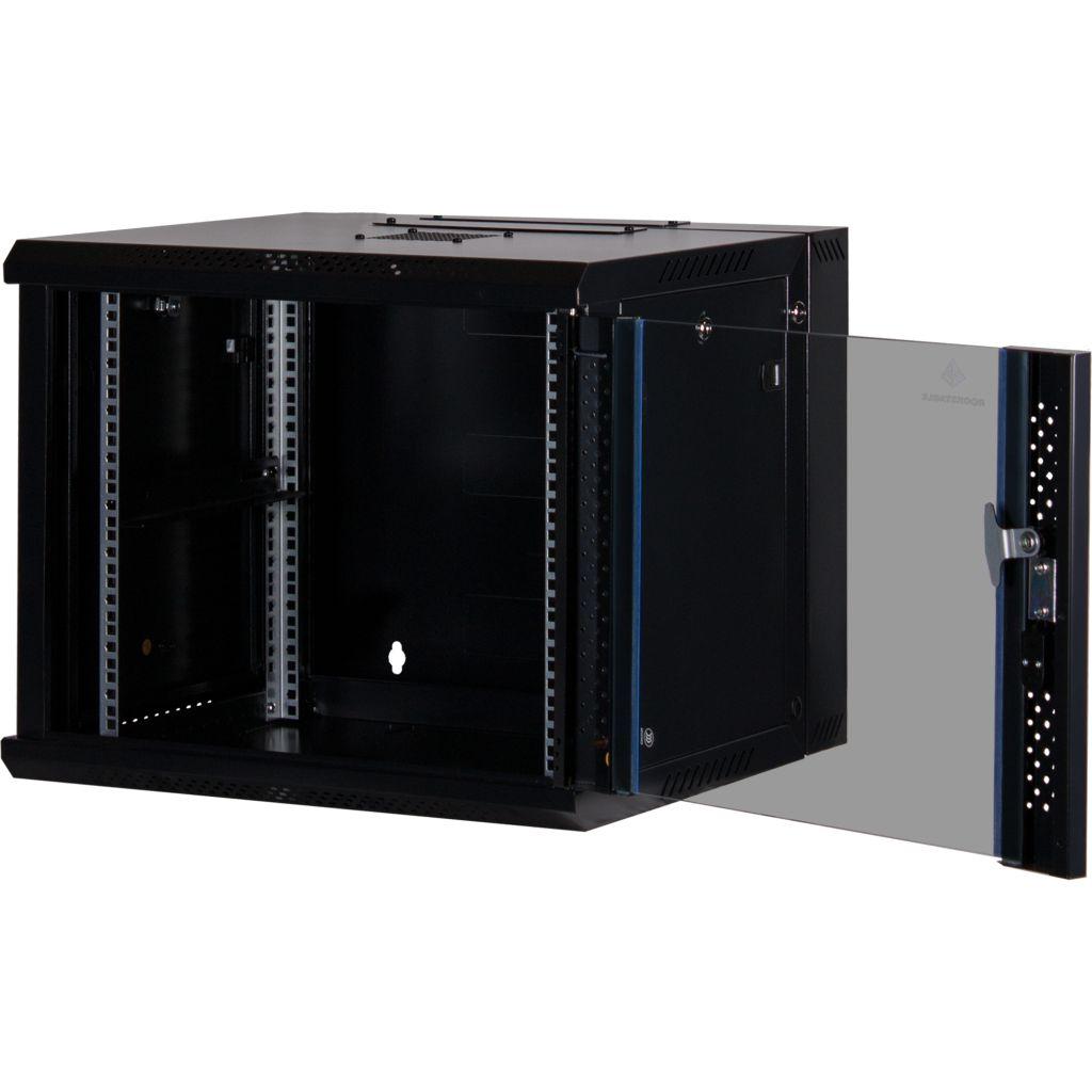 Rockstable 9HE Netzwerkschrank, Serverschrank - 19 Zoll Wandmontage - (BxTxH) 600x600x503mm mit Glastür - Schwarz - Abschließbar - Vormontiert - Traglast 60kg