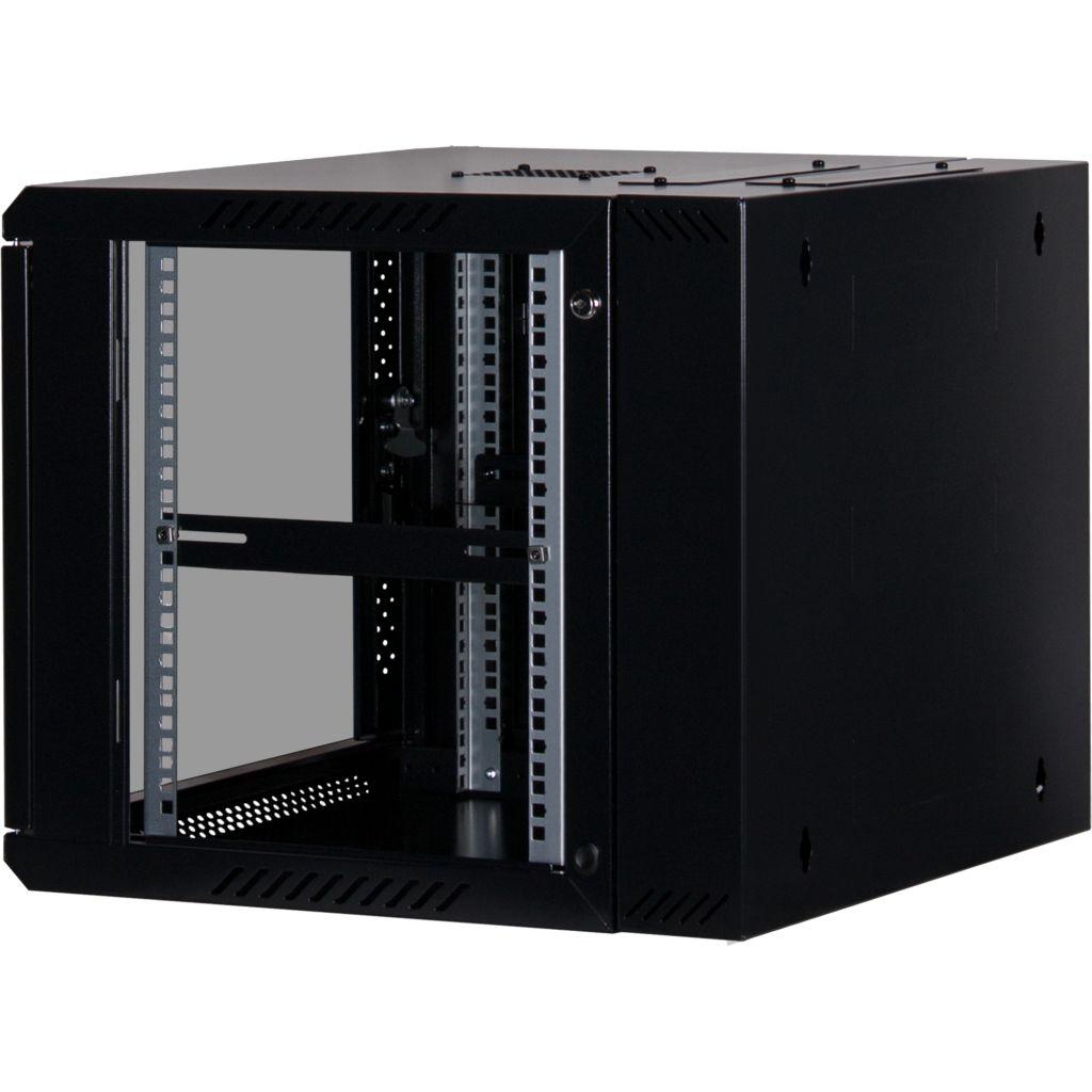 Rockstable 9HE Netzwerkschrank, Serverschrank - 19 Zoll Wandmontage - (BxTxH) 600x600x503mm mit Glastür - Schwarz - Abschließbar - Vormontiert - Traglast 60kg