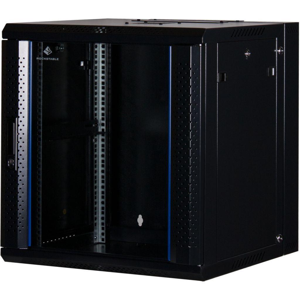 Rockstable 12HE Netzwerkschrank, Serverschrank - 19 Zoll Wandmontage - (BxTxH) 600x600x637mm mit Glastür - Schwarz - Abschließbar - Vormontiert - Traglast 60kg