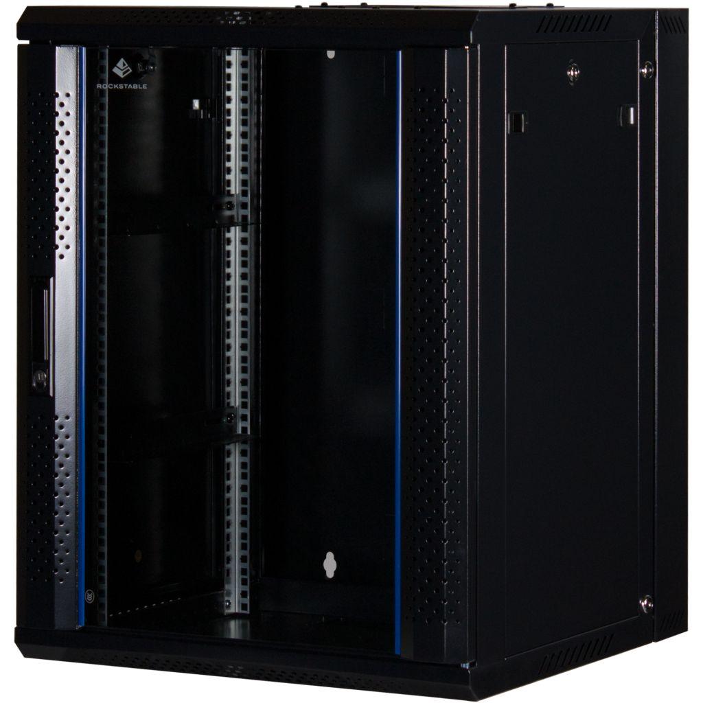 Rockstable 15HE Netzwerkschrank, Serverschrank - 19 Zoll Wandmontage - (BxTxH) 600x600x770mm mit Glastür - Schwarz - Abschließbar - Vormontiert - Traglast 60kg