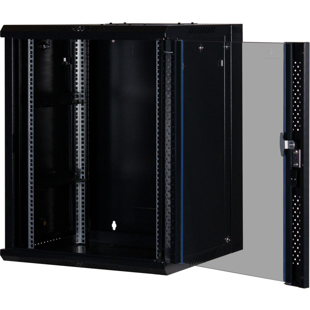 Rockstable 15HE Netzwerkschrank, Serverschrank - 19 Zoll Wandmontage - (BxTxH) 600x600x770mm mit Glastür - Schwarz - Abschließbar - Vormontiert - Traglast 60kg