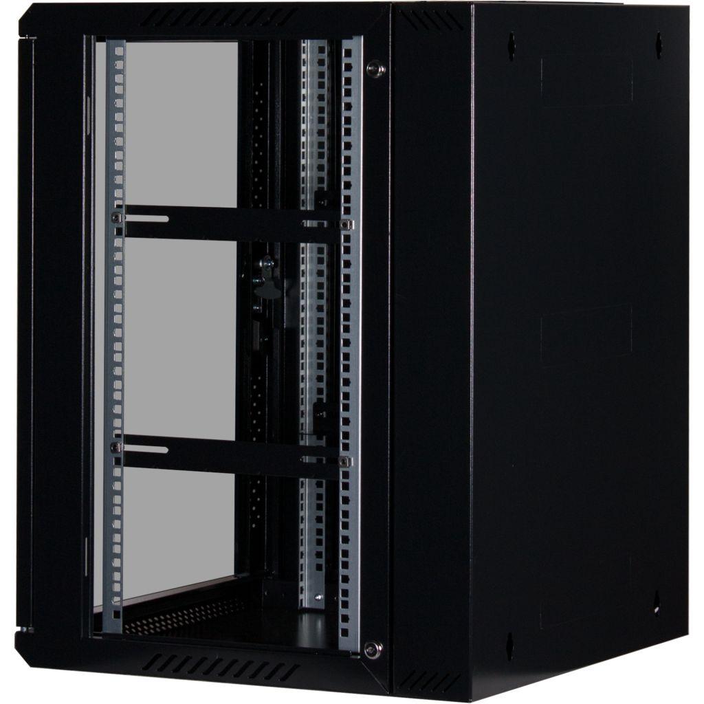 Rockstable 15HE Netzwerkschrank, Serverschrank - 19 Zoll Wandmontage - (BxTxH) 600x600x770mm mit Glastür - Schwarz - Abschließbar - Vormontiert - Traglast 60kg