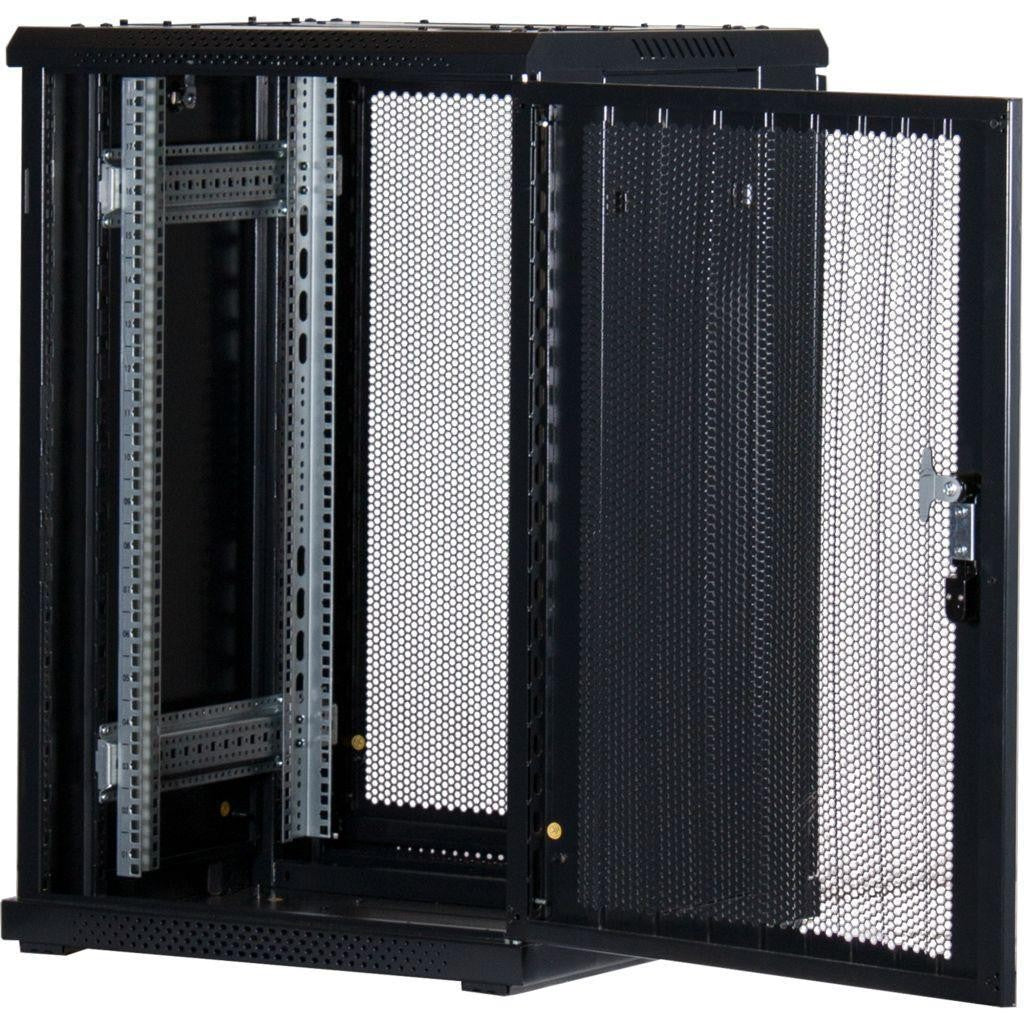 Rockstable 18HE 19 Zoll Serverschrank Netzwerkschrank (BxTxH) 600x600x900mm mit Gitternetztüren - Türanschlag wechselbar - Türen und Seitenwände abnehmbar und verschließbar - Schwarz (RAL 9005)