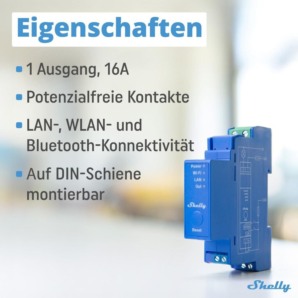 SHELLY PRO 1 1-PHASE, 1-CHANNEL RELAY WITH POTENTIAL-FREE OUTPUTS (DRY CONTACTS)
